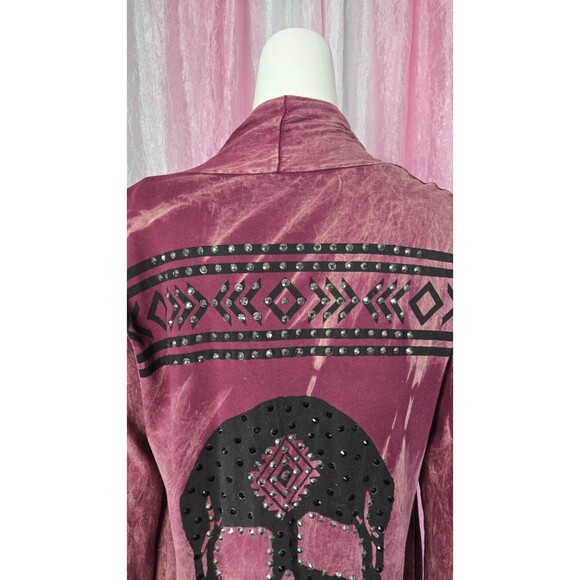 Vocal Skull Crystal Maroon Aztec Fringe Cotton Cardigan Jacket Size Medium - Picture 10 of 16